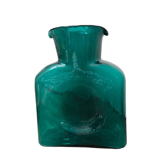 Vintage Blenko Teal Blue Green Double Spout Glass Water Pitcher Carafe Bottle